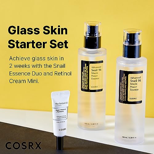 COSRX Glass Skin Starter Set, Advanced Snail 96% Mucin Power Essence (3.38 fl.oz*2) & Retinol 0.1% Cream Mini Sample (0.1 oz), Daily Hydrating & Firming Korean Skin Care Kit for Beginners, Gift Set