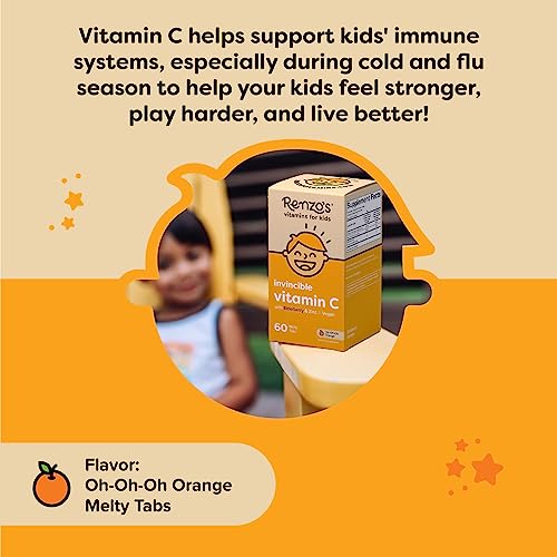 Renzo's Invincible Vitamin C for Kids with Elderberry & Zinc - Dissolvable Kids Vitamins for Immune Support - 60 Orange-Flavored Melty Tabs