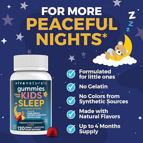 Kids Sleep Gummies with Melatonin 1 mg - Vegan, Gluten and Sugar-Free Chewable Sleep Support Gummy for Children Ages 3+ - for Calming & Occasional Restlessness - 120 Count - Raspberry Tropical Punch