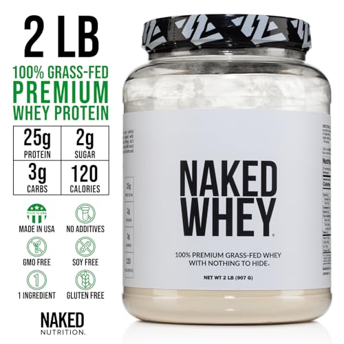 NAKED Whey 2LB 100% Grass Fed Whey Protein Powder - Only 1 Ingredient, Unflavored Whey Protein, Undenatured, Gluten Free, Soy Free, No GMOs, No Preservatives