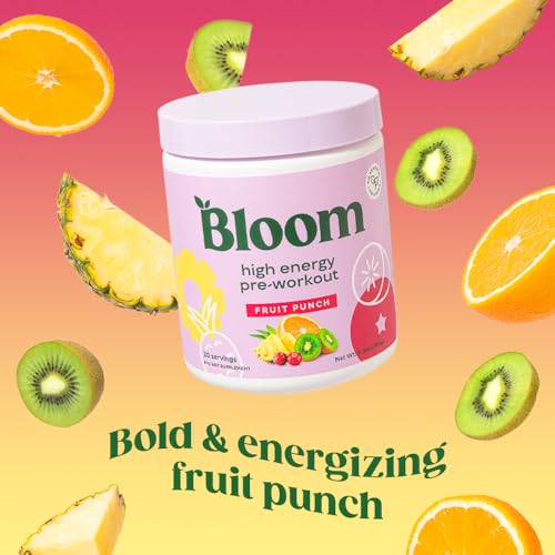 Bloom Nutrition High Energy Pre Workout Powder, Amino Energy with Beta Alanine, Ginseng & L Tyrosine, Natural Caffeine Powder from Green Tea Extract, Sugar Free & Keto Drink Mix (Fruit Punch)