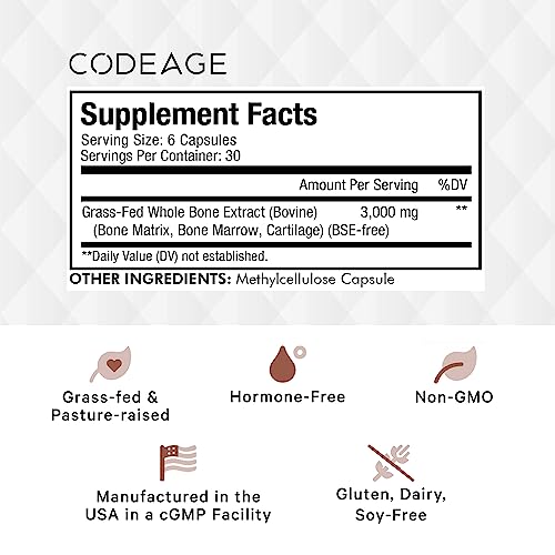 Codeage Grass Fed Bone Marrow Supplement - Freeze Dried, Non-Defatted, & Desiccated Beef Bone Marrow Pills - Raw Whole Bone Marrow, Bone Matrix, Cartilage - 3000mg per Serving - 180 Capsules