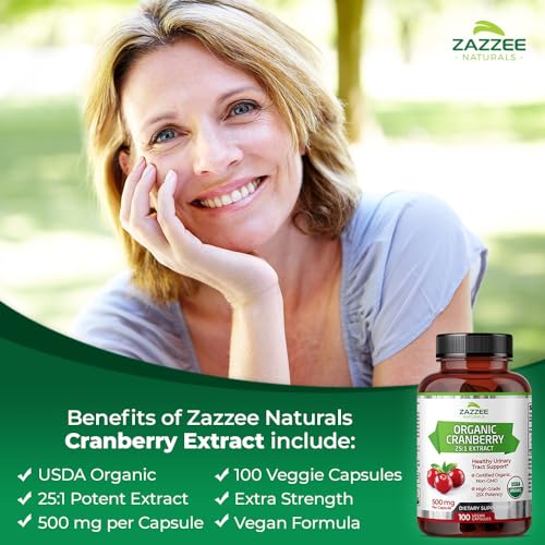 Zazzee USDA Organic Cranberry 25:1 Extract, 12,500 mg Strength, 100 Vegan Capsules, Over 3 Month Supply, Standardized, Concentrated 25X Extract, 100% Vegetarian, Certified Organic, Non-GMO All-Natural