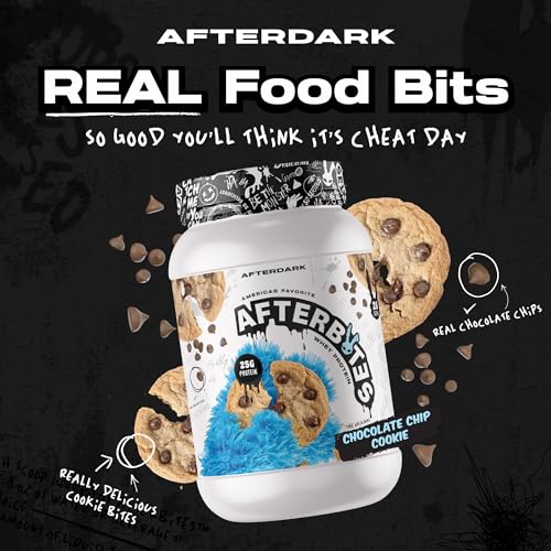 AFTERDARK AfterBites Whey Protein Powder, 25g Protein, 4.5g BCAA’s, Easy Dissolving, No Artificial Colors or Fillers, Isolate Protein, USA Made, 26 Servings, Chocolate Chip Cookie