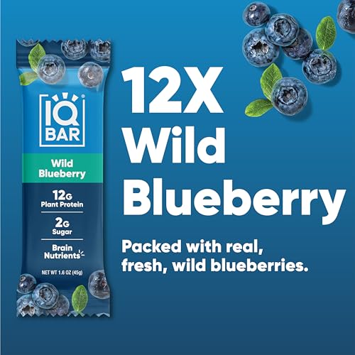 IQBAR Brain and Body Plant Protein Bars - Wild Blueberry - 12 Count, Low Carb, High Fiber, Gluten Free, Healthy Vegan Snacks - Low Sugar Keto Bar Pack