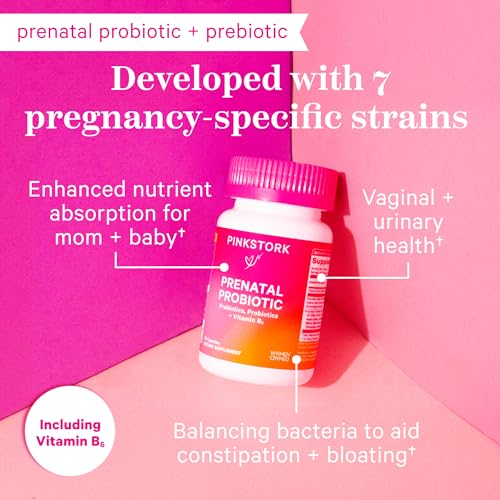 Pink Stork Prenatal Probiotics for Women - Morning Sickness, Gut Microbiome, and Immune Support - Pregnancy Probiotic with Prebiotics and Vitamin B6 - Pregnancy Must Haves, 30 Capsules