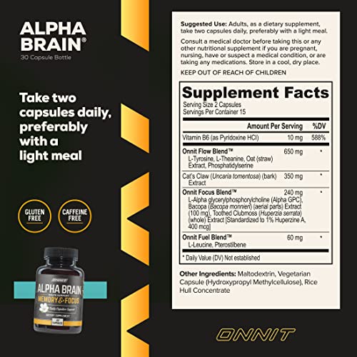 ONNIT Alpha Brain Nootropic Brain Supplement for Men & Women | Memory, Mental Clarity & Cognitive Improvement | Focus Capsules with L-Theanine, Vitamin B6 & Phosphatidylserine (30 Count)