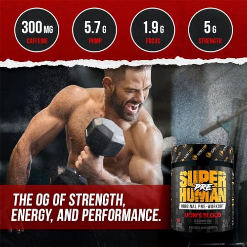 ALPHA LION Pre Workout Powder, Beta Alanine, L-Taurine & Tri-Source Caffeine for Sustained Energy & Focus, Nitric Oxide & Citrulline for Pump (21 Servings, Lion's Blood Flavor), Pack of 1