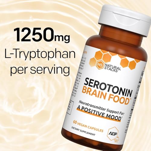 NATURAL STACKS Serotonin Brain Food w/L-Tryptophan & Rhodiola Rosea - Mood Support Supplement - Promotes Positive Mood, Calmness, Stress Relief - Happy Mood & Brain Support Supplement - 60 Capsules