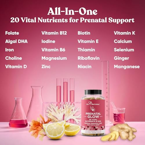 Glow Prenatal Vitamins for Women – 20-in-1 Vital Nutrients for Healthy Pregnancy and Fetal Development – Folic Acid & Vegan DHA For Baby's Growth & A Comfortable Pregnancy – 60 Nourishing Capsules
