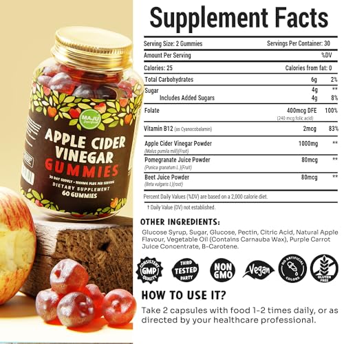 Apple Cider Vinegar Gummies with Acetic Acid - Weight Management & Detox - 2X Stronger (1000 mg) Raw, Unfiltered ACV, Gluten-Free, Chewable, Low Sugar Content, Vegan by MAJU