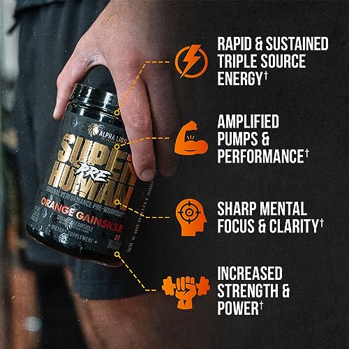 ALPHA LION Superhuman Pre Workout Powder, Beta Alanine, L-Taurine & Tri-Source Caffeine for Sustained Energy & Focus, Nitric Oxide & Citrulline for Pump (21 Servings, Orange Gainsicle)