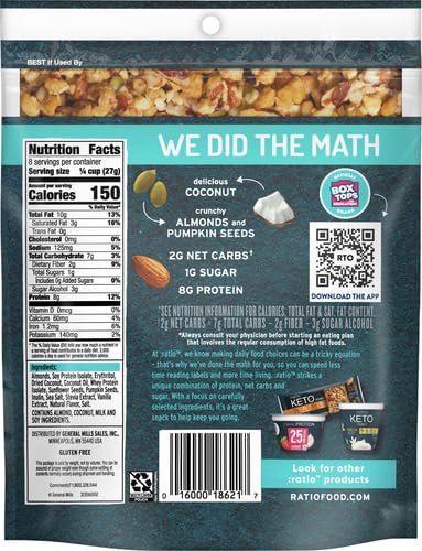 Ratio Coconut Almond Granola Cereal, 1g Sugar, Keto Friendly, 8 OZ Resealable Cereal Bag