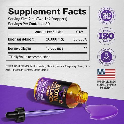 Liquid Biotin & Collagen - Vitamins for Hair Growth Support for Women & Men - Extra Strength 60000 mcg Drops - B7 Supplement - Strong Nails & Healthy Skin - 98% Faster Absorption Than Pills