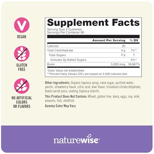 NatureWise Biotin Gummies - Hair, Skin and Nails Supplement - Vitamin B7 5000mcg Supports Hair and Nail Strength - Strawberry-Kiwi Flavor - Vegan, Non-GMO, Gluten Free - 180 Count[3-Month Supply]