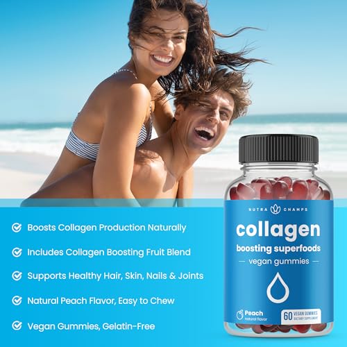 Collagen Boosting Gummies | Collagen Booster Gummy for Natural Collagen Production | Hair, Skin, Nails, Joint Support | Vegan Pectin Supplements Chews for Women & Men | 60 Peach Vitamins Gummies