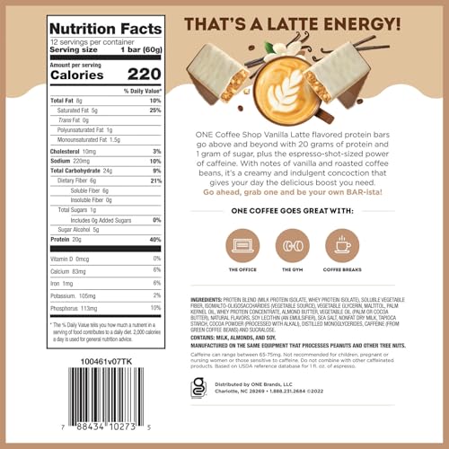 ONE Coffee Shop Caffeinated Protein Bars, Vanilla Latte, Gluten Free with 20g Protein and 65mg of Caffeine Energy, Pantry Staples, 2.12 oz (12 Count)