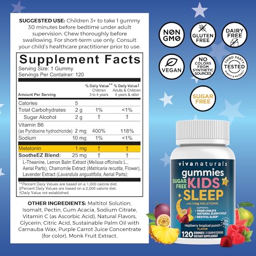 Kids Sleep Gummies with Melatonin 1 mg - Vegan, Gluten and Sugar-Free Chewable Sleep Support Gummy for Children Ages 3+ - for Calming & Occasional Restlessness - 120 Count - Raspberry Tropical Punch