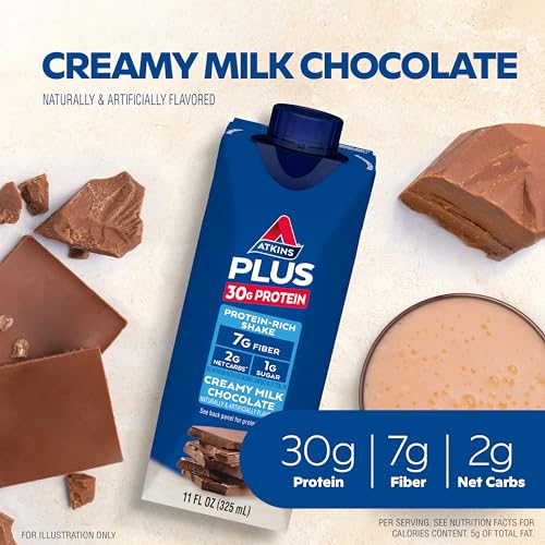 Atkins Creamy Milk Chocolate PLUS Protein Shake, 30g Protein, 7g Fiber, 2g Net Carb, 1g Sugar, Keto Friendly, Low Carb, High Protein Drink, 12 Count