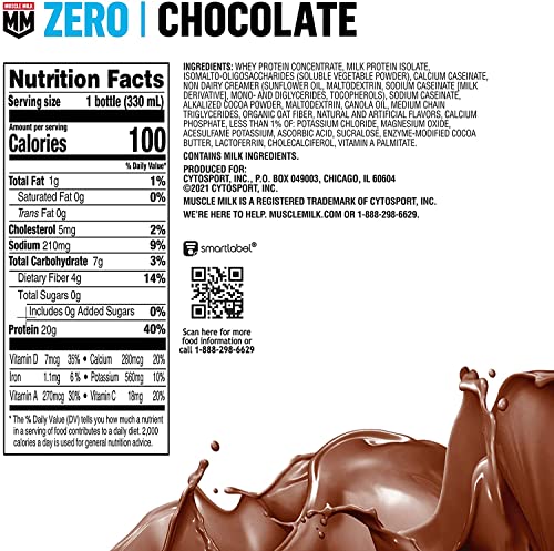 Muscle Milk Zero Protein Shake, Chocolate,20g Protein, Zero Sugar, 100 Calories, Calcium, Vitamins A, C & D, 4g Fiber, Energizing Snack, Workout Recovery, Packaging May Vary,11.16 Fl Oz (Pack of 12)