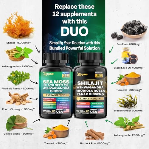 Zoyava Dynamic Vitality Bundle - Sea Moss 7000mg, Black Seed Oil 4000mg, Ashwagandha 2000mg, Ginger & Shilajit 9000mg, Rhodiola Rosea 1000mg, Panax Ginseng 1500mg, All in 1 Supplements (60 Count)