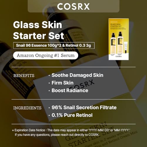 COSRX Glass Skin Starter Set, Advanced Snail 96% Mucin Power Essence (3.38 fl.oz*2) & Retinol 0.1% Cream Mini Sample (0.1 oz), Daily Hydrating & Firming Korean Skin Care Kit for Beginners, Gift Set