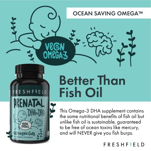 Freshfield Prenatal Omega 3 DHA Supplement: Fish Oil Replacement, Algae Oil, Vegan Friendly Supports Lactation & Brain Development. Mercury Free, Carbon Neutral, Plastic Negative (Prenatal 60)