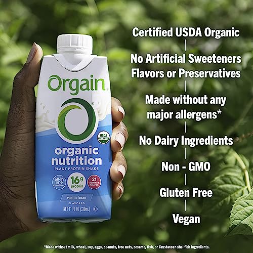 Orgain Organic Nutritional Vegan Protein Shake, Vanilla Bean - 16g Plant Based Protein, Meal Replacement, 21 Vitamins & Minerals, Fruits & Vegetables, Gluten Free, Non-GMO, 11 Fl Oz (Pack of 12)