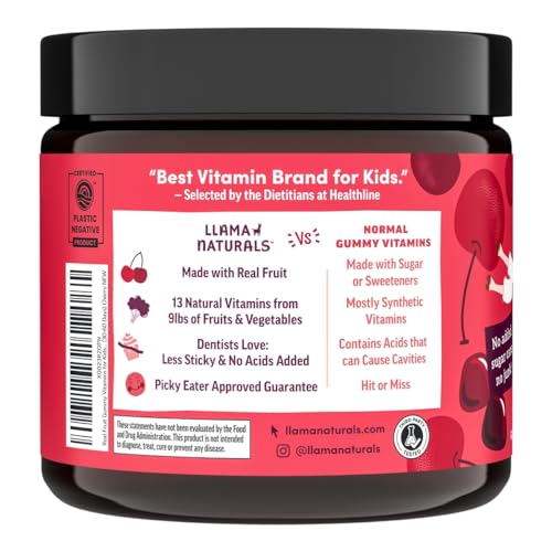 Llama Naturals Real Fruit Gummy Vitamins for Kids, No Added Sugar Cane or Sweeteners, Whole Food Multivitamin, Vegan Toddler Gummies, Plant Based, Organic, Chewable 90 ct (30-60 Days) Cherry