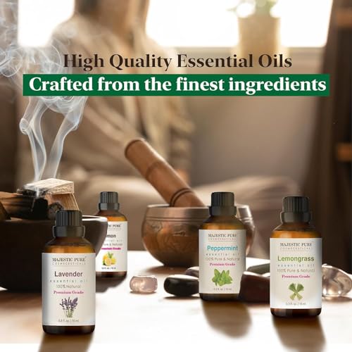 Majestic Pure 100% Pure Essential Oils Set - 6 x 10ml (Peppermint, Lavender, Eucalyptus, Tea Tree, Lemongrass) For Diffusers, Aromatherapy, Candles, Humidifiers