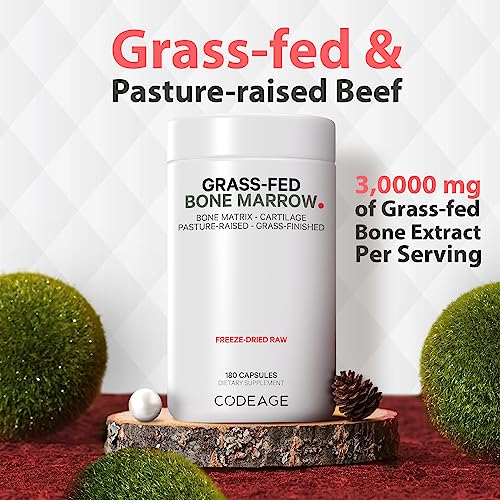 Codeage Grass Fed Bone Marrow Supplement - Freeze Dried, Non-Defatted, & Desiccated Beef Bone Marrow Pills - Raw Whole Bone Marrow, Bone Matrix, Cartilage - 3000mg per Serving - 180 Capsules