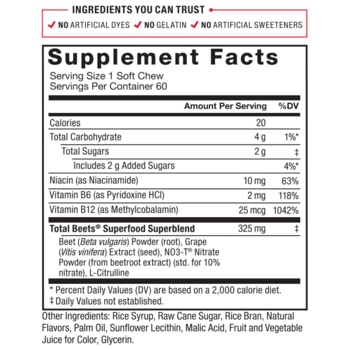 Force Factor Total Beets Soft Chews with Beetroot, Nitrates, L-Citrulline, Grapeseed Extract, and Antioxidants, Healthy Energy Supplement with Elite Ingredients, Heart Health Superfood, 60 Chews