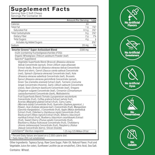 FORCE FACTOR Smarter Greens Superfood Chews, Greens and Superfoods with Probiotics, Antioxidants, and Fiber, Greens Supplement to Support Digestion, Nitric Oxide, and Energy, 60 Soft Chews