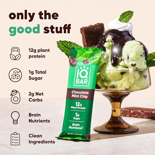 IQBAR Brain and Body Keto Protein Bars - Chocolate Mint Chip - 12-Count Energy Bars - Low Carb/Sugar - High Fiber Meal Replacement Bars - Vegan Snacks