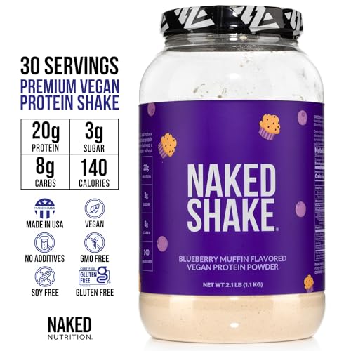 NAKED Shake - Blueberry Muffin Protein Powder - Flavored Plant Based Protein from US & Canadian Farms with MCT Oil, Gluten-Free, Soy-Free, No GMOs or Artificial Sweeteners - 30 Servings