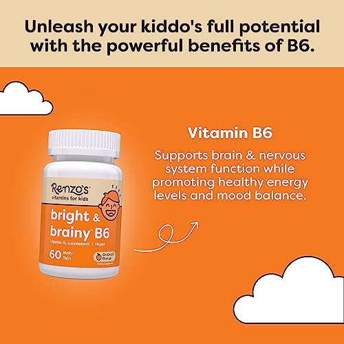 Renzo's Bright & Brainy Vitamin B6 - Dissolving Kids Vitamin B6-60 Sugar-Free Melty Tabs, Oh Oh Oh Orange Flavored