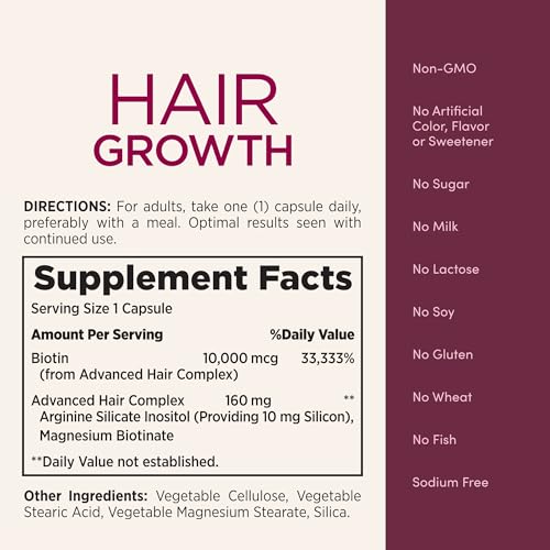 Nature's Bounty Hair Growth Supplement, 1 Per Day, Clinically Shown to Support Thicker, Fuller Hair, with Biotin, Silicon & Arginine, 30 Capsules