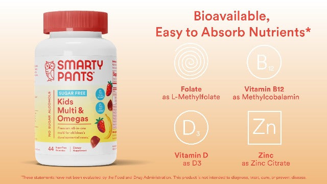 SmartyPants Kids Multivitamin Gummies, Sugar Free: Omega 3 (ALA), Vitamin D3, C, Vitamin B12, B6, Vitamin A, K & Zinc for Immune Support, Erythritol Free, Strawberry Banana, 44 Count (22 Day Supply)