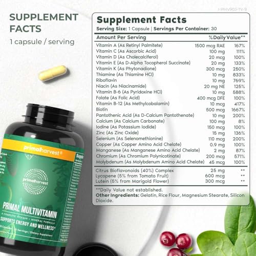 Primal Harvest Multivitamin for Women and Men Vitamin A, Vitamin C, Vitamin D and E, Vitamin B12, B6, Biotin, Zinc Supplements, 30 Capsules