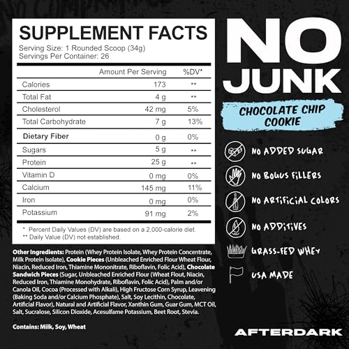 AFTERDARK AfterBites Whey Protein Powder, 25g Protein, 4.5g BCAA’s, Easy Dissolving, No Artificial Colors or Fillers, Isolate Protein, USA Made, 26 Servings, Chocolate Chip Cookie