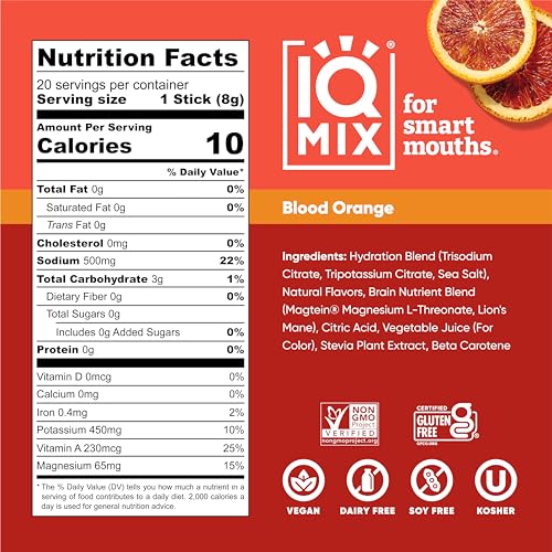 IQMIX Sugar Free Electrolytes Powder Packets - Hydration Supplement Drink Mix with Keto Electrolytes, Lions Mane, Magnesium L-Threonate, and Potassium Citrate - Blood Orange (20 Count)