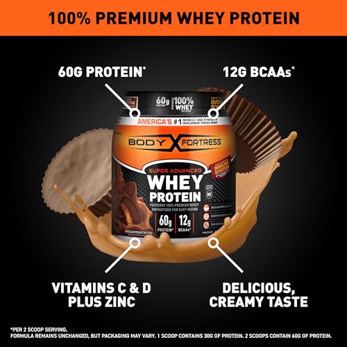 Body Fortress Super Advanced Whey Protein Powder, Chocolate Peanut Butter, 60g Protein & 12g BCAAs Per 2 Scoops, Muscle Gain & Recovery, Immune Support with Vitamins C & D, 1.78lbs