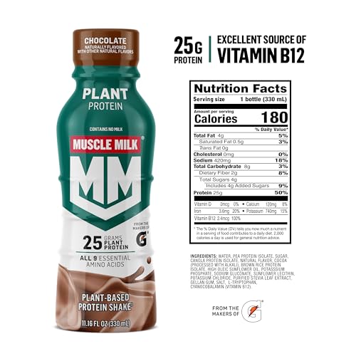 Muscle Milk Plant Based Protein Shake, Chocolate, 11.16 Fl Oz (Pack of 12)