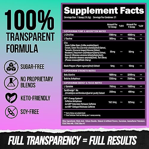 ALPHA LION Superhuman Pre Workout Powder, Beta Alanine, L-Taurine & Tri-Source Caffeine for Sustained Energy & Focus, Nitric Oxide & Citrulline for Pump (21 Servings, Grapezilla)