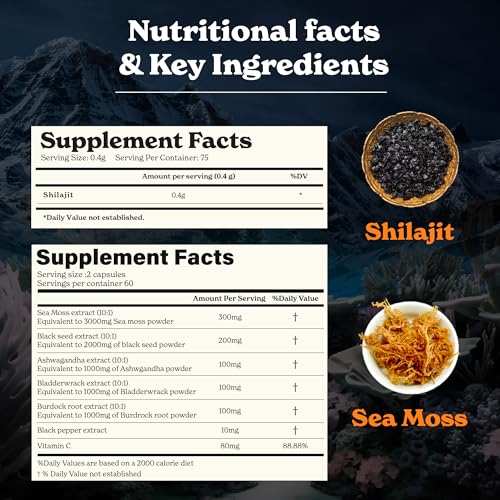 Shilajit Resin 30 gm & Sea Moss Capsules Energy Duo| Pure Himalayan Shilajit Gold Grade for Men & Women with High Potency & Irish Sea Moss with Black Seed Oil