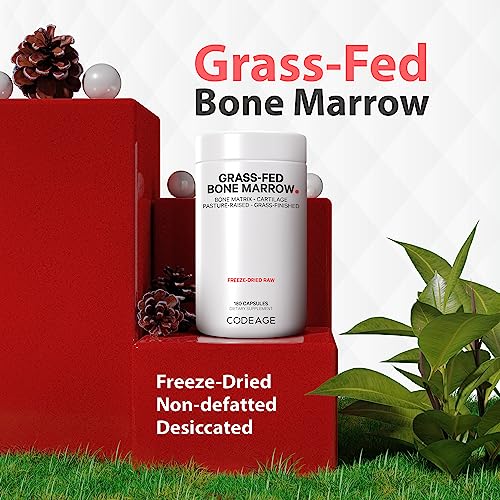 Codeage Grass Fed Bone Marrow Supplement - Freeze Dried, Non-Defatted, & Desiccated Beef Bone Marrow Pills - Raw Whole Bone Marrow, Bone Matrix, Cartilage - 3000mg per Serving - 180 Capsules