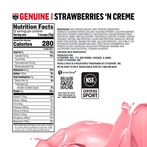 Muscle Milk Genuine Protein Powder, Strawberries 'N Crème, 32g Protein, 4.94 Pound