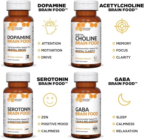 NATURAL STACKS Serotonin Brain Food w/L-Tryptophan & Rhodiola Rosea - Mood Support Supplement - Promotes Positive Mood, Calmness, Stress Relief - Happy Mood & Brain Support Supplement - 60 Capsules