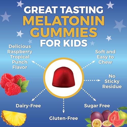 Kids Sleep Gummies with Melatonin 1 mg - Vegan, Gluten and Sugar-Free Chewable Sleep Support Gummy for Children Ages 3+ - for Calming & Occasional Restlessness - 120 Count - Raspberry Tropical Punch