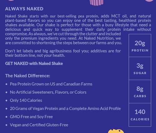 NAKED Shake - Blueberry Muffin Protein Powder - Flavored Plant Based Protein from US & Canadian Farms with MCT Oil, Gluten-Free, Soy-Free, No GMOs or Artificial Sweeteners - 30 Servings